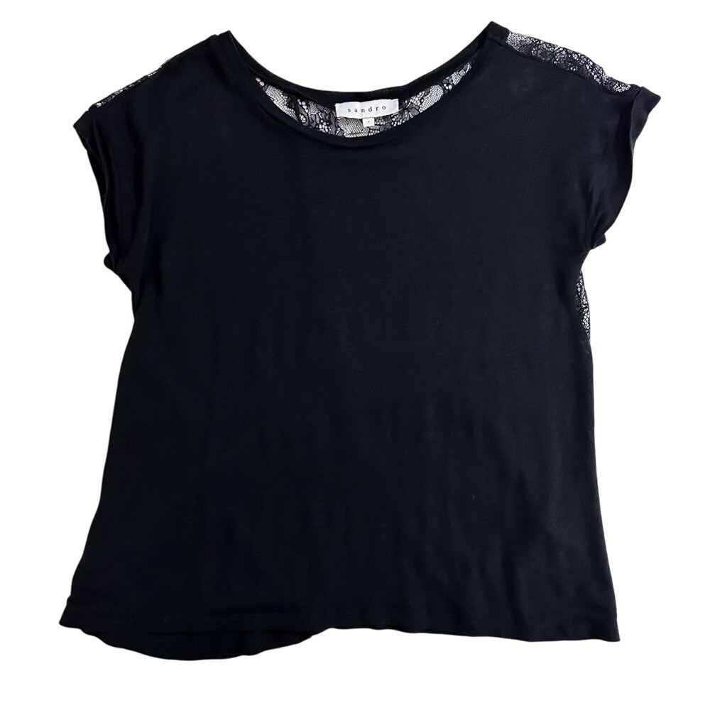 SANDRO Lace Back Black Linen Blend Short‎ Sleeve Top - Size Small